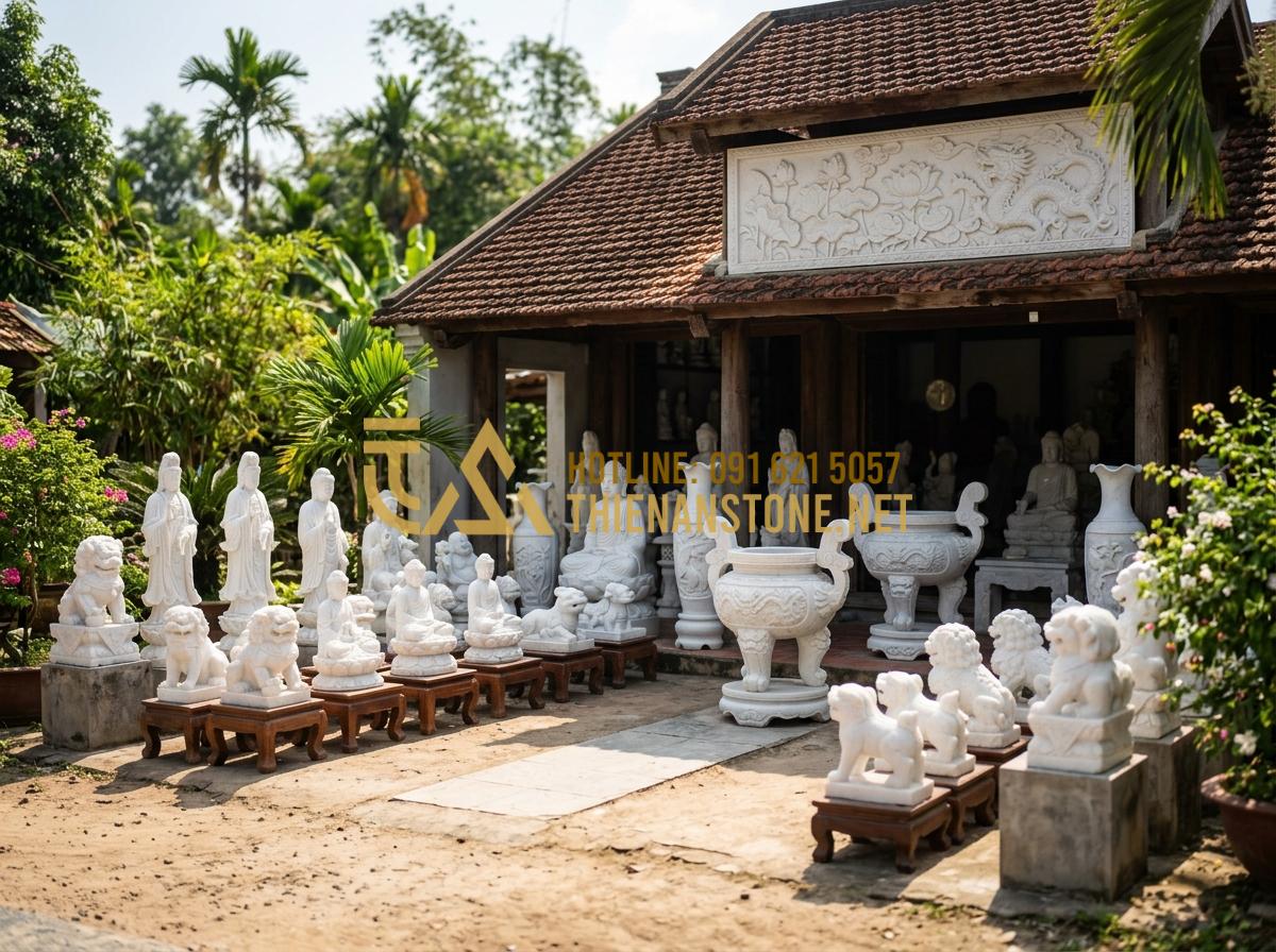 Báo Giá Bát Hương Đá 2026: Giá Bát Hương Bằng Đá Tại Xưởng Là Bao Nhiêu? - Tạo ảnh tiếng Anh: The storefront and outdoor display area of Xưởng Đá Mỹ Nghệ T
