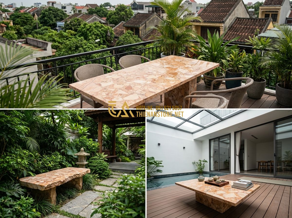 Báo Giá Bộ Bàn Ghế Đá Tự Nhiên Nguyên Khối Mới Nhất 2024 - Giá Rẻ Tại Hà Nội - Collage of three different home settings: A rooftop terrace with a sleek grey st