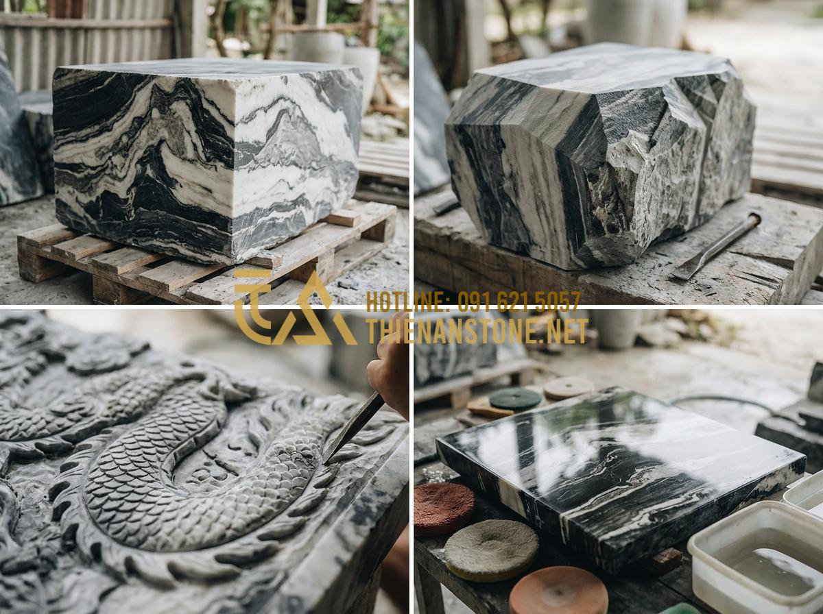 Báo Giá Chiếu Rồng Đá Ninh Bình 2026 - Địa Chỉ Thi Công Uy Tín Toàn Quốc - Hình 11 Báo Giá Chiếu Rồng Đá Ninh Bình 2026 - Địa Chỉ Thi Công Uy Tín Toàn Quốc - Step-by-step workshop photography sequence showing artisans hand-carving a stone