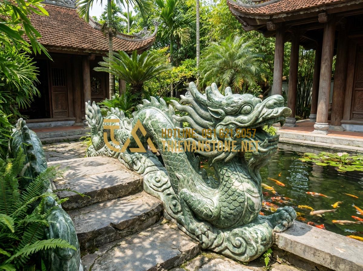 Báo Giá Chiếu Rồng Đá Ninh Bình 2026 - Địa Chỉ Thi Công Uy Tín Toàn Quốc - Hình 2 Báo Giá Chiếu Rồng Đá Ninh Bình 2026 - Địa Chỉ Thi Công Uy Tín Toàn Quốc - Wide-angle view of a large Ninh Binh stone dragon carving installed as a garden