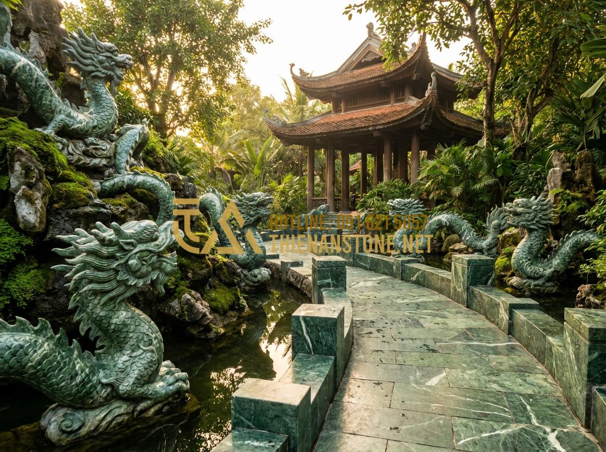 Báo Giá Chiếu Rồng Đá Ninh Bình 2026 - Địa Chỉ Thi Công Uy Tín Toàn Quốc - Hình 6 Báo Giá Chiếu Rồng Đá Ninh Bình 2026 - Địa Chỉ Thi Công Uy Tín Toàn Quốc - Artistic view of multiple Ninh Binh dragon stone carvings integrated into a reso