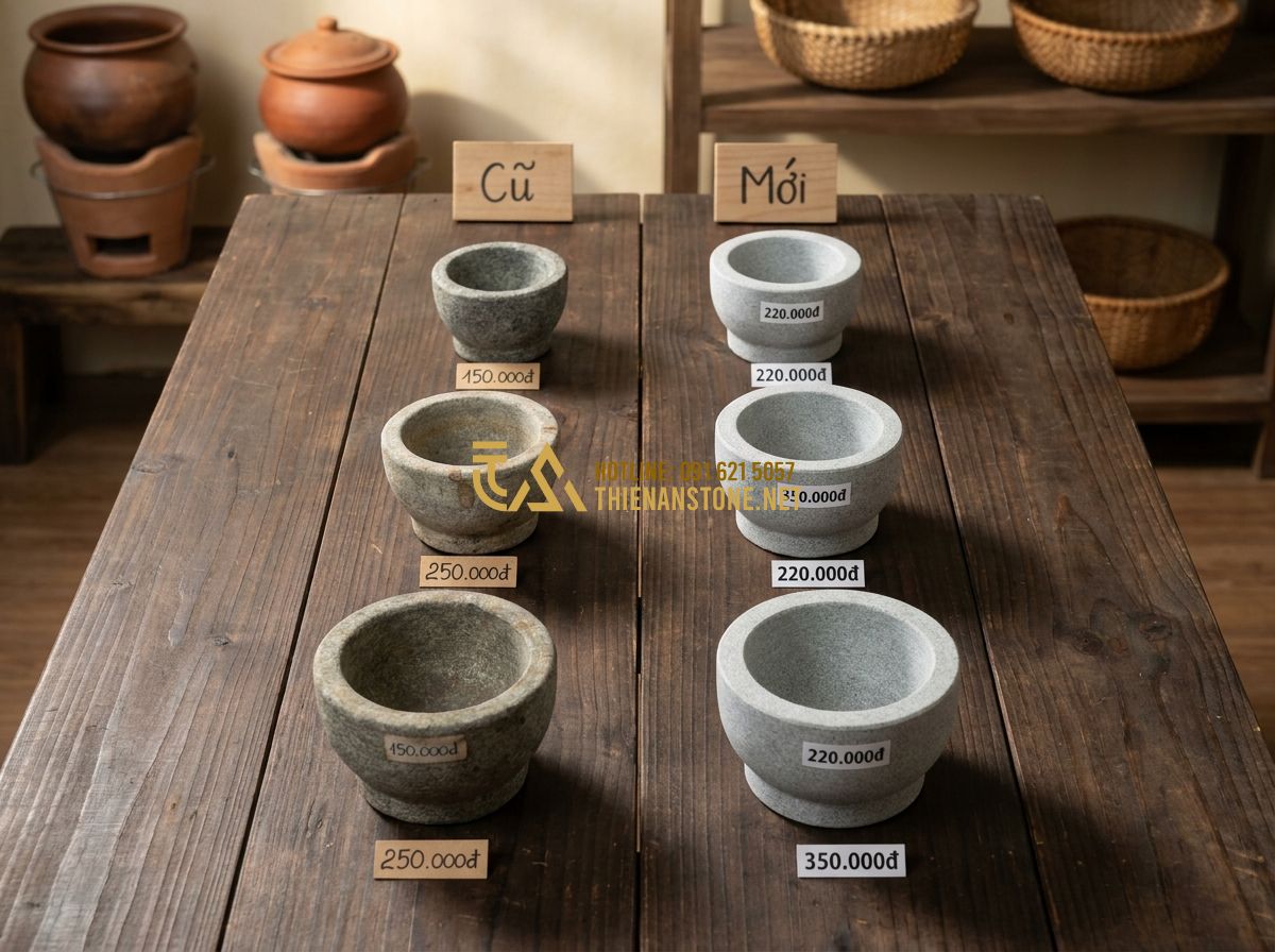 Báo Giá Cối Đá Cổ & Cối Đá Xay Bột Mới Nhất 2026 – Giá Cối Đá Tự Nhiên Theo Kích Thước - Hình 3 Báo Giá Cối Đá Cổ & Cối Đá Xay Bột Mới Nhất 2026 – Giá Cối Đá Tự Nhiên Theo Kích Thước - Tạo ảnh tiếng Anh: A professional comparison table displayed on a wooden backgro