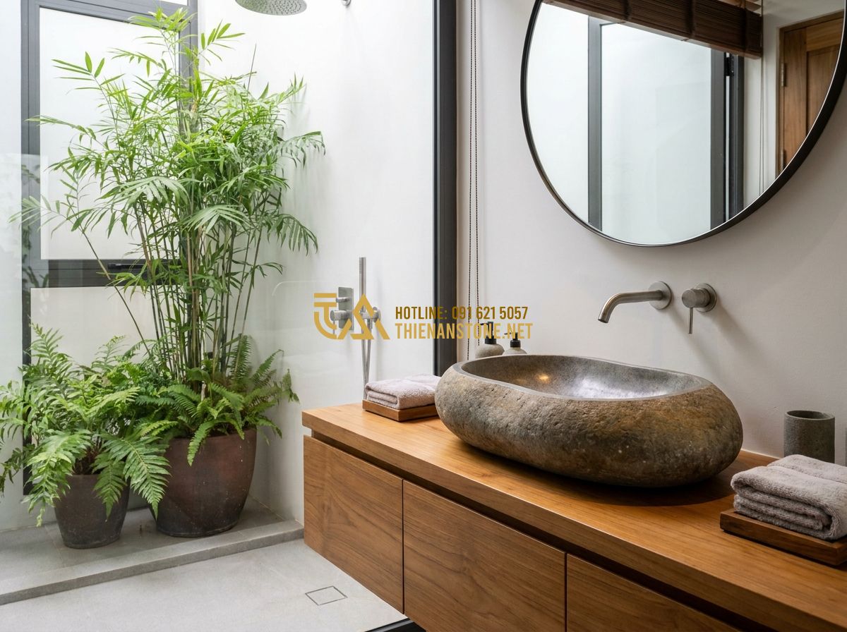 Báo Giá Cối Đá Cổ & Cối Đá Xay Bột Mới Nhất 2026 – Giá Cối Đá Tự Nhiên Theo Kích Thước - Hình 4 Báo Giá Cối Đá Cổ & Cối Đá Xay Bột Mới Nhất 2026 – Giá Cối Đá Tự Nhiên Theo Kích Thước - Tạo ảnh tiếng Anh: A luxurious modern bathroom interior featuring a stone mortar