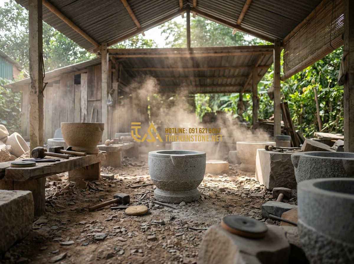 Báo Giá Cối Đá Cổ & Cối Đá Xay Bột Mới Nhất 2026 – Giá Cối Đá Tự Nhiên Theo Kích Thước - Hình 5 Báo Giá Cối Đá Cổ & Cối Đá Xay Bột Mới Nhất 2026 – Giá Cối Đá Tự Nhiên Theo Kích Thước - Tạo ảnh tiếng Anh: A wide shot of a traditional stone craft workshop in Vietnam