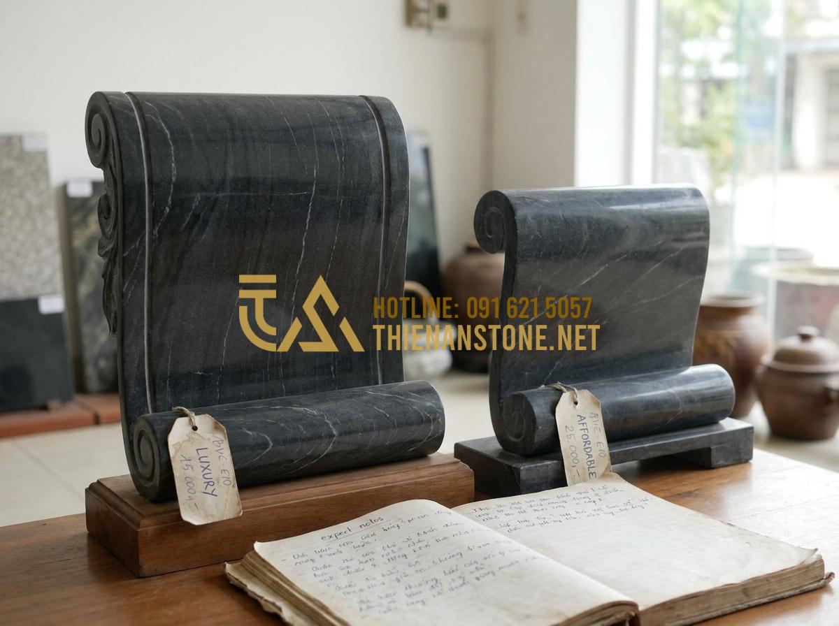Báo Giá Cuốn Thư Đá Lăng Mộ Mới Nhất: Bảng Giá Tại Xưởng Năm 2026 - Hình 12 Báo Giá Cuốn Thư Đá Lăng Mộ Mới Nhất: Bảng Giá Tại Xưởng Năm 2026 - Luxury vs affordable tomb stone scrolls in a showroom setting with price tags vi