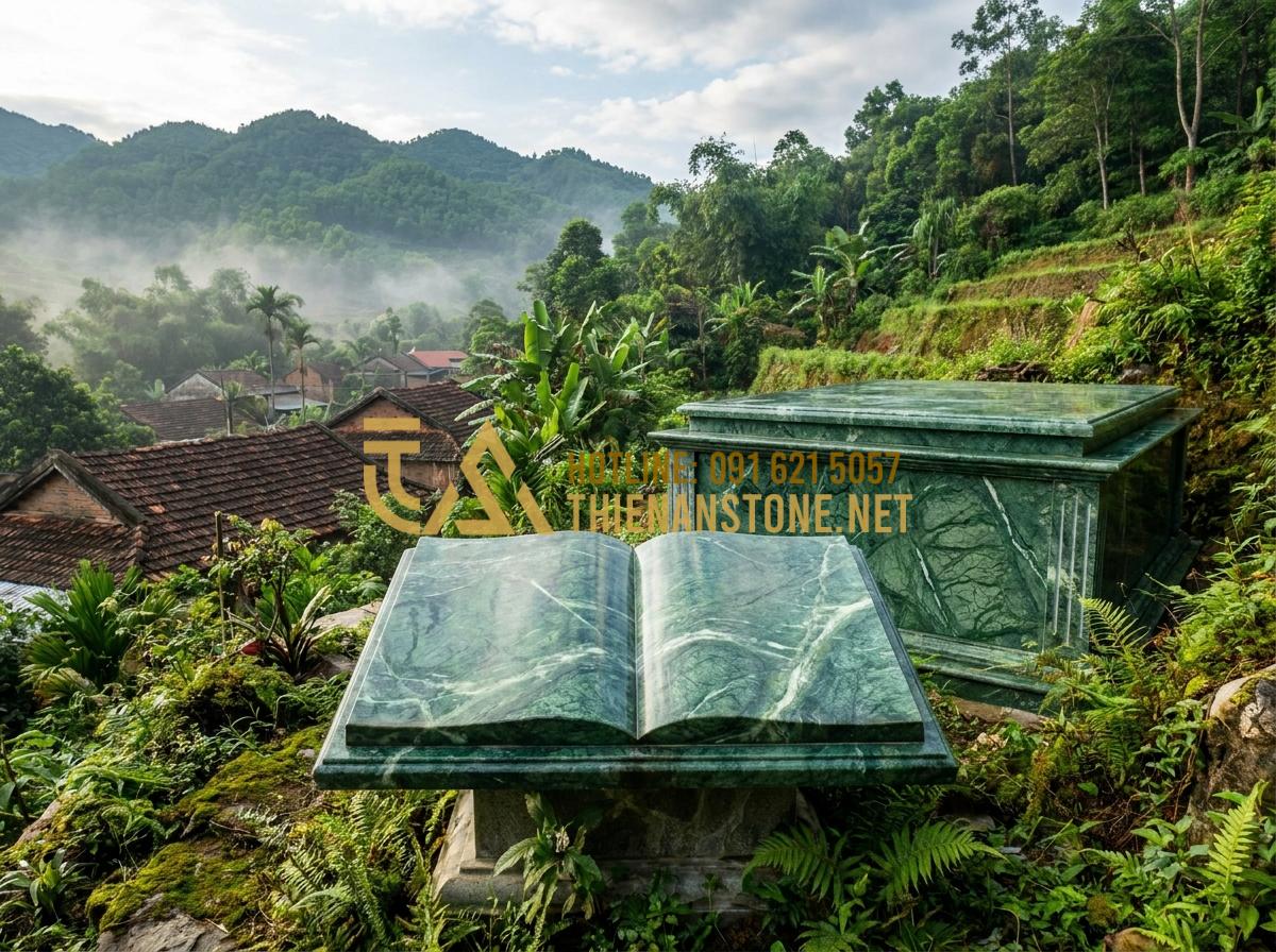 Báo Giá Cuốn Thư Đá Lăng Mộ Mới Nhất: Bảng Giá Tại Xưởng Năm 2026 - Hình 14 Báo Giá Cuốn Thư Đá Lăng Mộ Mới Nhất: Bảng Giá Tại Xưởng Năm 2026 - Family mausoleum with installed square stone scroll book showing harmonious inte