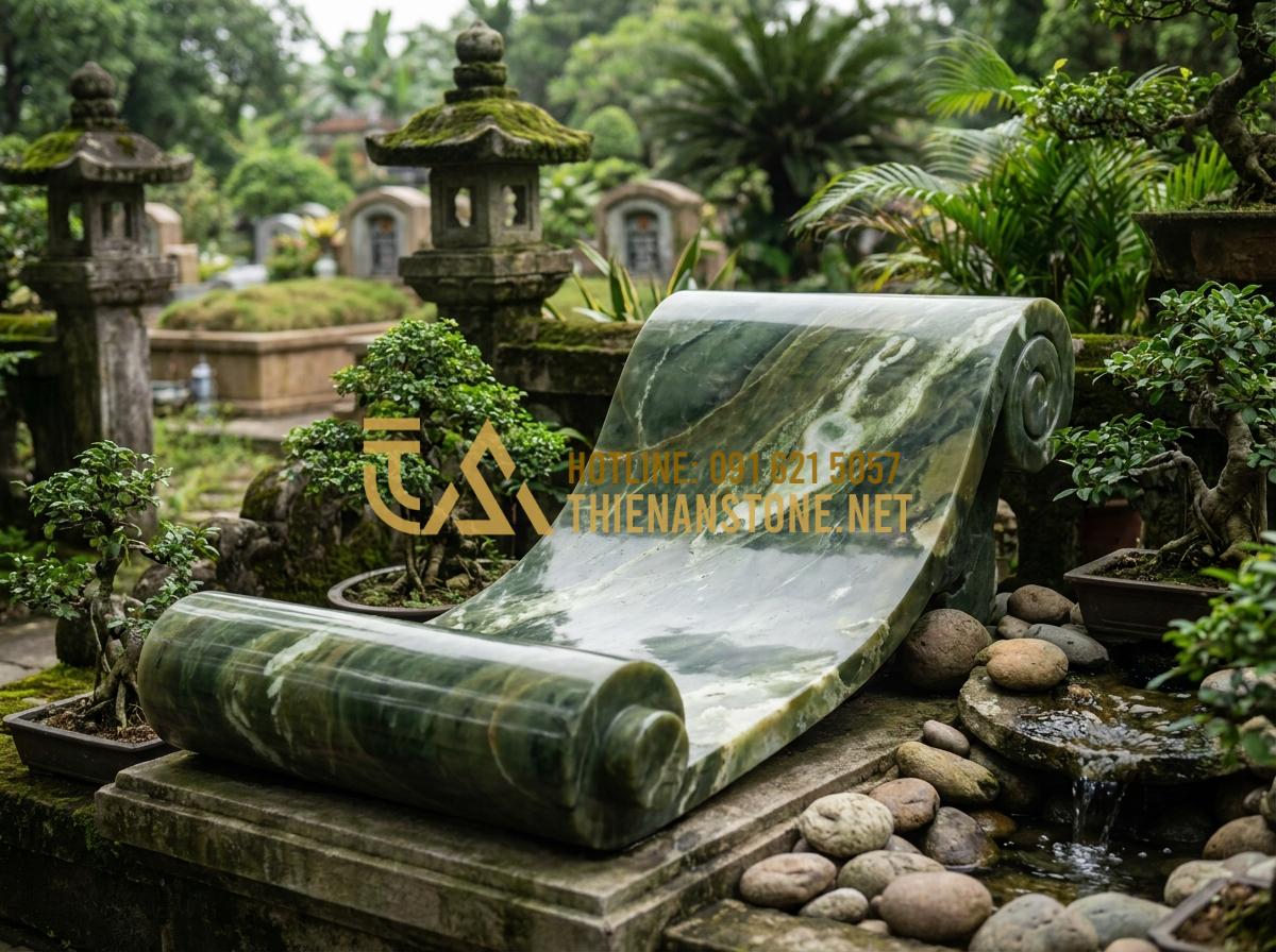 Báo Giá Cuốn Thư Đá Lăng Mộ Mới Nhất: Bảng Giá Tại Xưởng Năm 2026 - Hình 16 Báo Giá Cuốn Thư Đá Lăng Mộ Mới Nhất: Bảng Giá Tại Xưởng Năm 2026 - Real installation photo of stone scroll in cemetery following feng shui principl
