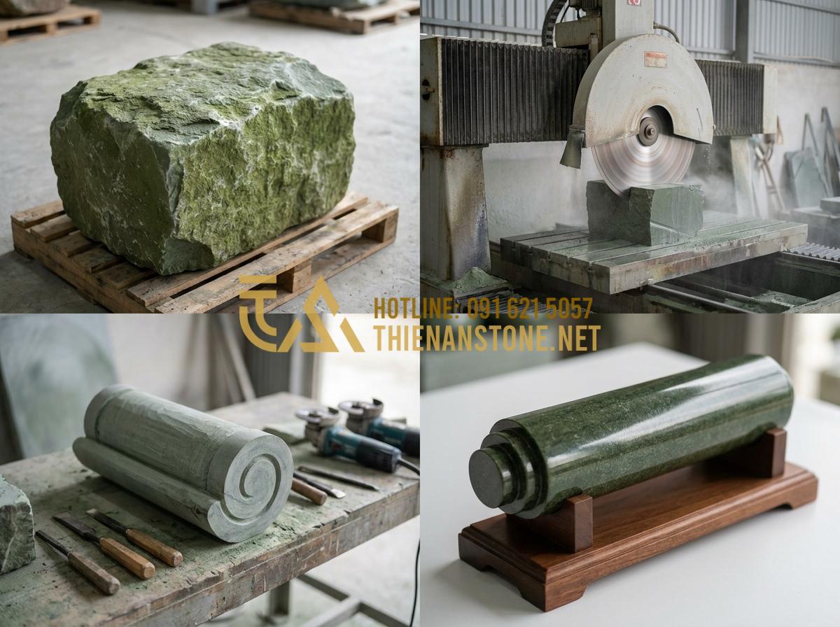Báo Giá Cuốn Thư Đá Lăng Mộ Mới Nhất: Bảng Giá Tại Xưởng Năm 2026 - Hình 17 Báo Giá Cuốn Thư Đá Lăng Mộ Mới Nhất: Bảng Giá Tại Xưởng Năm 2026 - Step-by-step stone scroll manufacturing process from raw block to finished polis