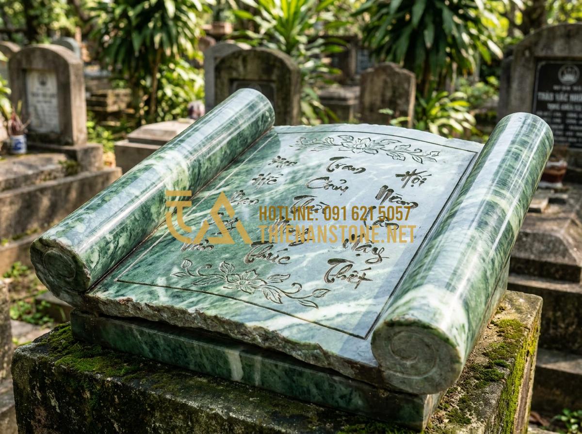 Báo Giá Cuốn Thư Đá Lăng Mộ Mới Nhất: Bảng Giá Tại Xưởng Năm 2026 - Hình 2 Báo Giá Cuốn Thư Đá Lăng Mộ Mới Nhất: Bảng Giá Tại Xưởng Năm 2026 - Close-up view of an open stone scroll for graveyard with engraved ancient Vietna