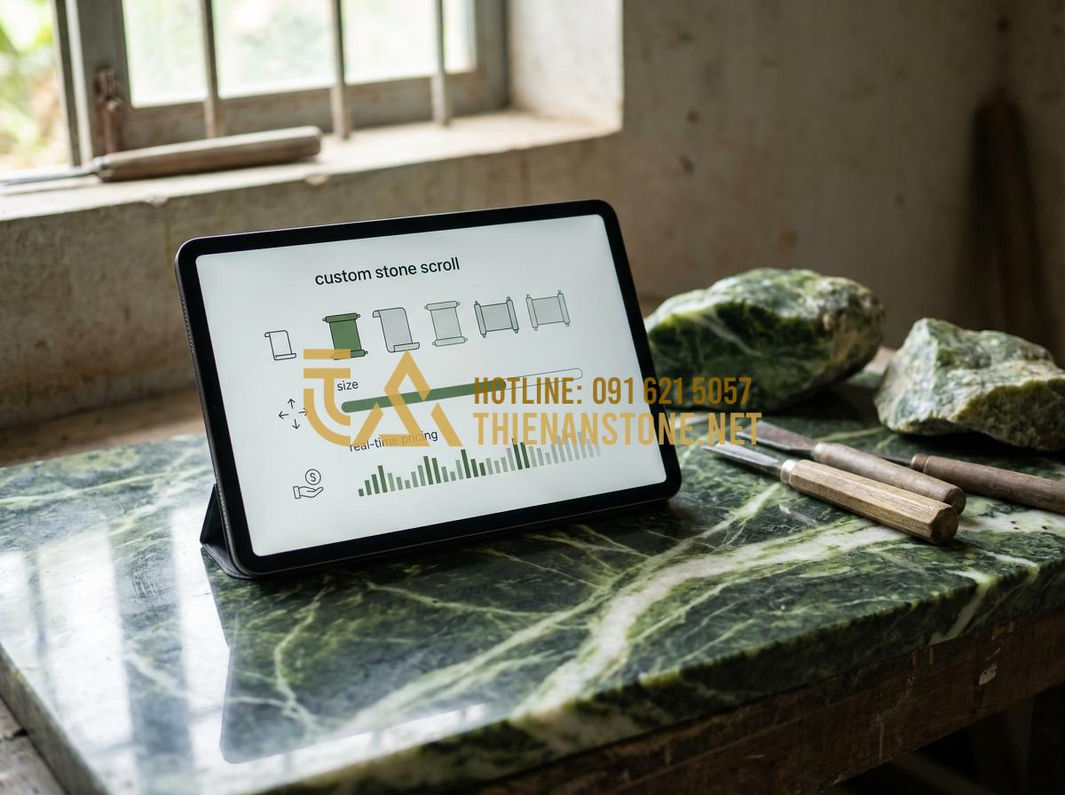 Báo Giá Cuốn Thư Đá Lăng Mộ Mới Nhất: Bảng Giá Tại Xưởng Năm 2026 - Hình 22 Báo Giá Cuốn Thư Đá Lăng Mộ Mới Nhất: Bảng Giá Tại Xưởng Năm 2026 - Digital tablet showing online quote form for custom tomb stone scrolls with real