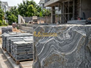 Báo Giá Đá Chẻ Mới Nhất 2026: Giá Đá Chẻ 10x20, 20x20x25, Ốp Tường & Xây Móng Theo M2 Chi Tiết - Tạo ảnh tiếng Anh: Professional landscape layout showing the harmony between sto