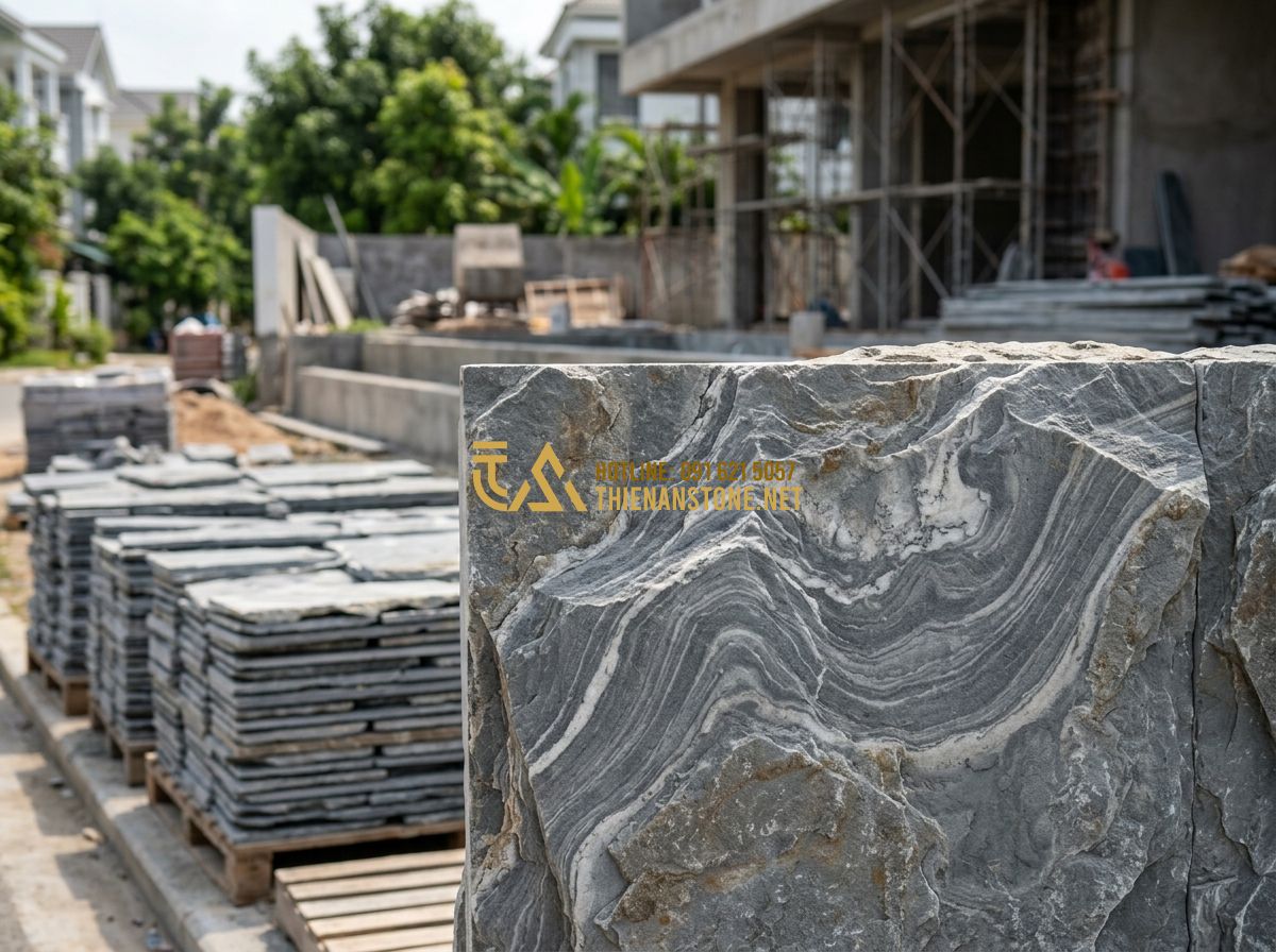 Báo Giá Đá Chẻ Mới Nhất 2026: Giá Đá Chẻ 10x20, 20x20x25, Ốp Tường & Xây Móng Theo M2 Chi Tiết - Hình 1 Báo Giá Đá Chẻ Mới Nhất 2026: Giá Đá Chẻ 10x20, 20x20x25, Ốp Tường & Xây Móng Theo M2 Chi Tiết - Tạo ảnh tiếng Anh: A professional close-up of natural split stone texture in var