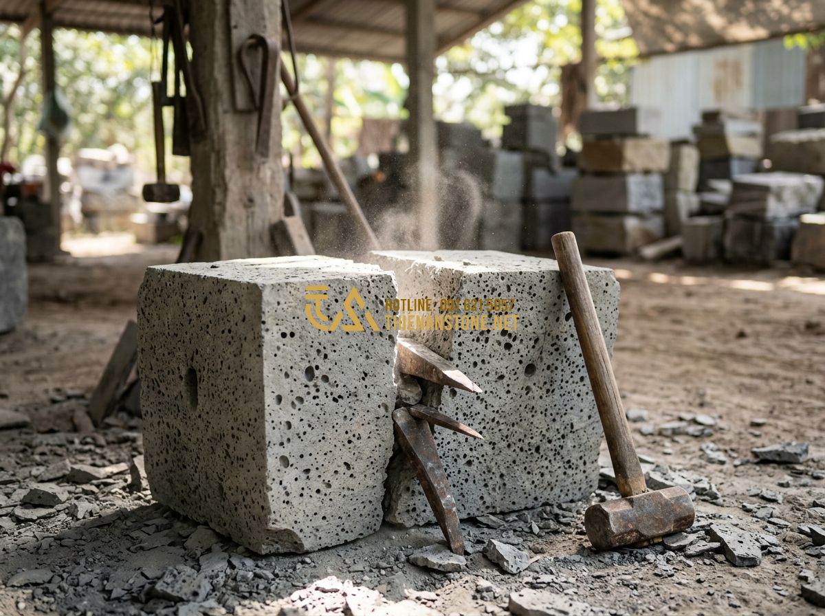 Báo Giá Đá Chẻ Mới Nhất 2026: Giá Đá Chẻ 10x20, 20x20x25, Ốp Tường & Xây Móng Theo M2 Chi Tiết - Hình 10 Báo Giá Đá Chẻ Mới Nhất 2026: Giá Đá Chẻ 10x20, 20x20x25, Ốp Tường & Xây Móng Theo M2 Chi Tiết - Tạo ảnh tiếng Anh: A master craftsman at Thien An Stone workshop, focused and sk