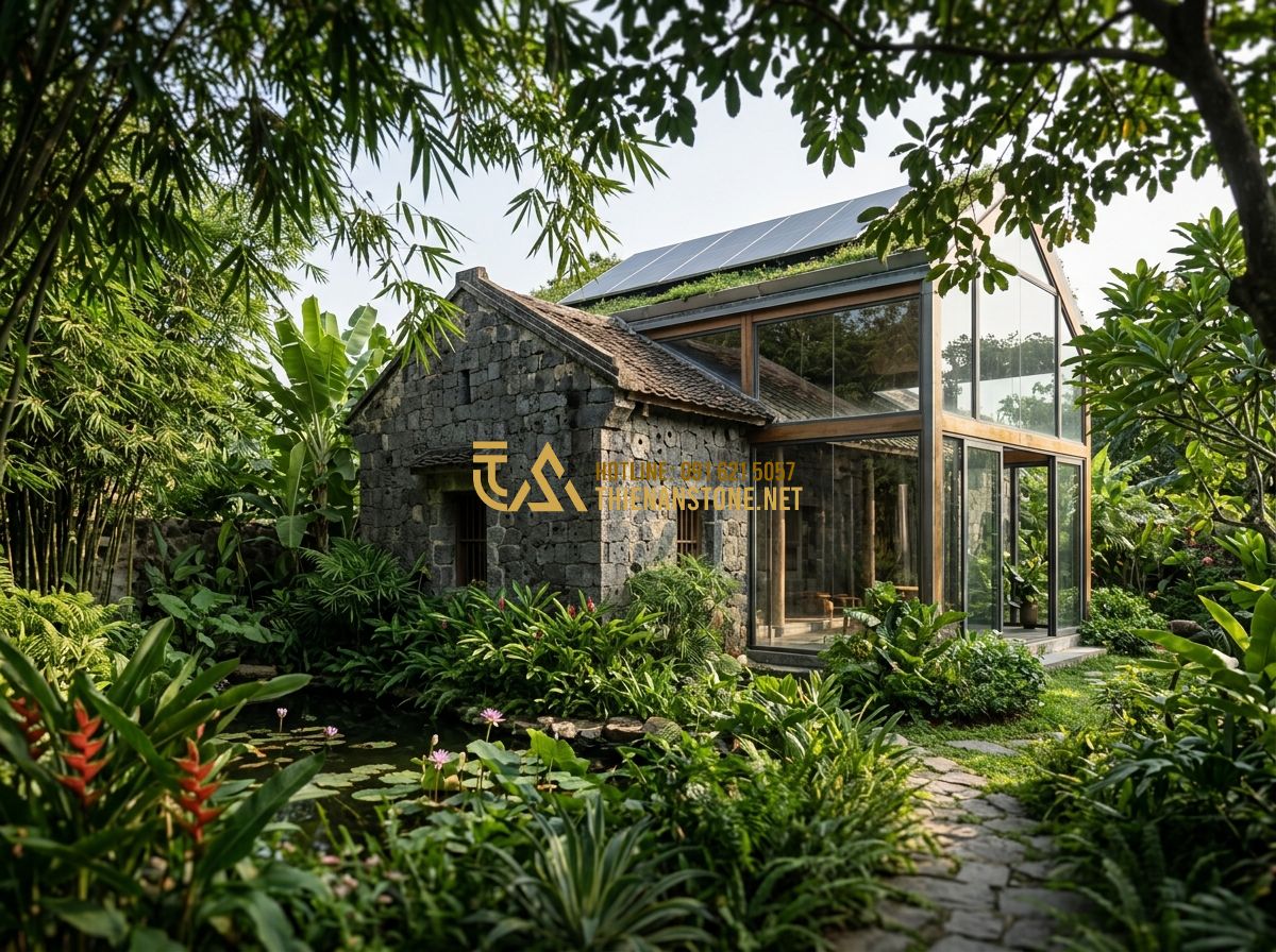 Báo Giá Đá Chẻ Mới Nhất 2026: Giá Đá Chẻ 10x20, 20x20x25, Ốp Tường & Xây Móng Theo M2 Chi Tiết - Hình 2 Báo Giá Đá Chẻ Mới Nhất 2026: Giá Đá Chẻ 10x20, 20x20x25, Ốp Tường & Xây Móng Theo M2 Chi Tiết - Tạo ảnh tiếng Anh: An ancient but luxurious stone house integrated with modern g