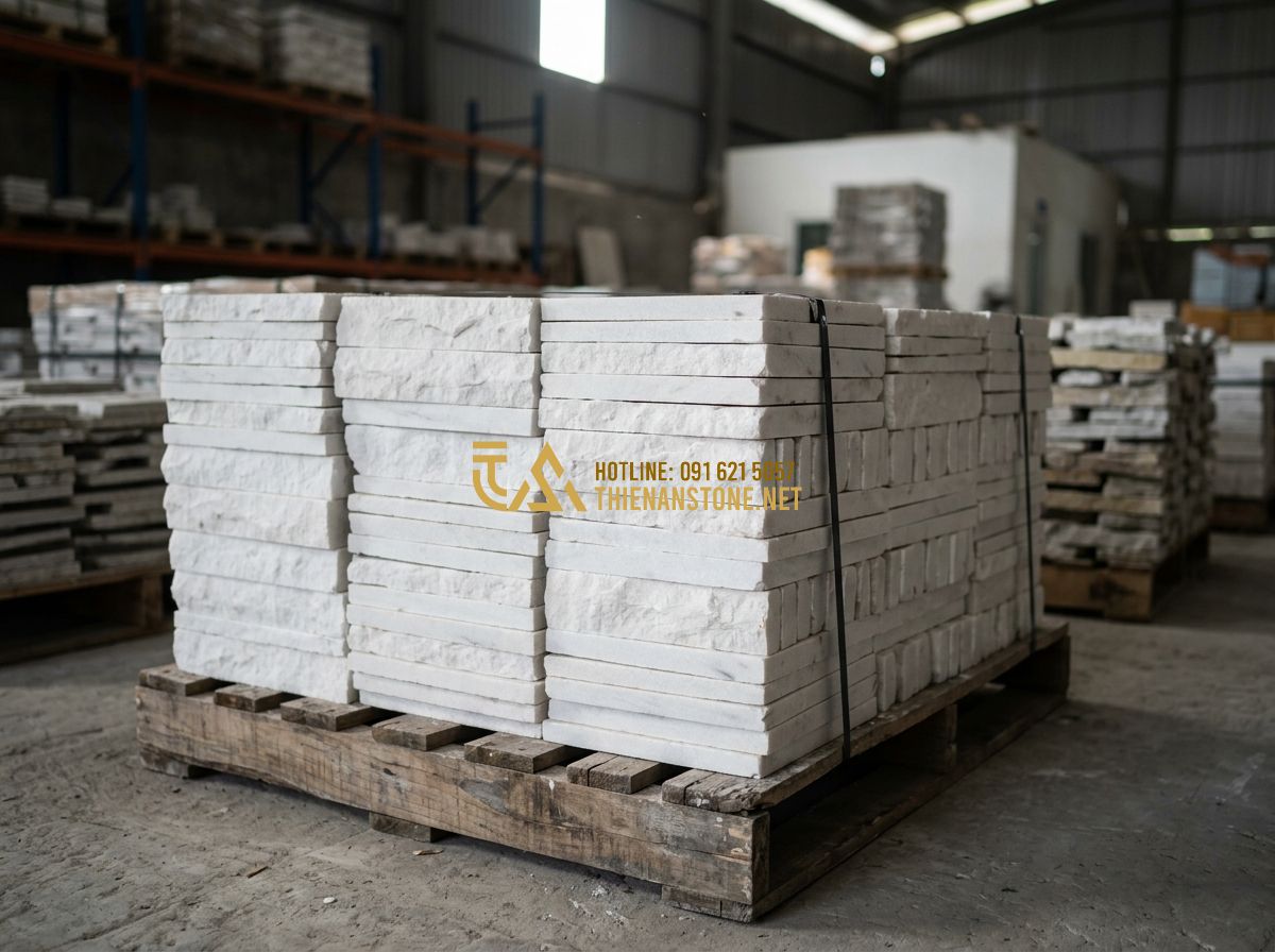 Báo Giá Đá Chẻ Mới Nhất 2026: Giá Đá Chẻ 10x20, 20x20x25, Ốp Tường & Xây Móng Theo M2 Chi Tiết - Hình 3 Báo Giá Đá Chẻ Mới Nhất 2026: Giá Đá Chẻ 10x20, 20x20x25, Ốp Tường & Xây Móng Theo M2 Chi Tiết - Tạo ảnh tiếng Anh: High-quality stacks of 10x20cm split stones in various colors