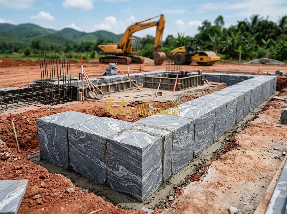 Báo Giá Đá Chẻ Mới Nhất 2026: Giá Đá Chẻ 10x20, 20x20x25, Ốp Tường & Xây Móng Theo M2 Chi Tiết - Hình 4 Báo Giá Đá Chẻ Mới Nhất 2026: Giá Đá Chẻ 10x20, 20x20x25, Ốp Tường & Xây Móng Theo M2 Chi Tiết - Tạo ảnh tiếng Anh: Construction workers at a site in 2026, laying a strong found