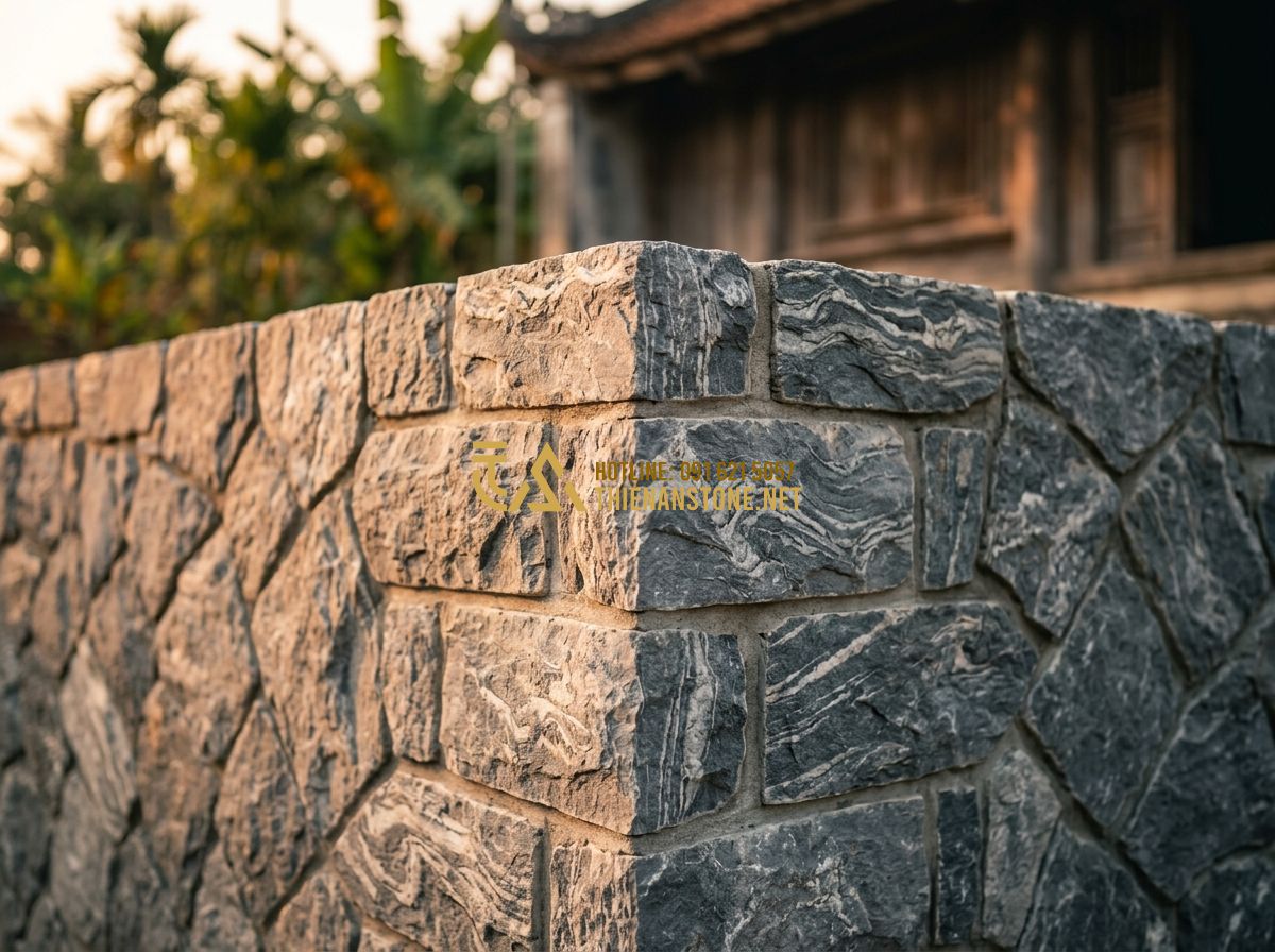 Báo Giá Đá Chẻ Mới Nhất 2026: Giá Đá Chẻ 10x20, 20x20x25, Ốp Tường & Xây Móng Theo M2 Chi Tiết - Hình 5 Báo Giá Đá Chẻ Mới Nhất 2026: Giá Đá Chẻ 10x20, 20x20x25, Ốp Tường & Xây Móng Theo M2 Chi Tiết - Tạo ảnh tiếng Anh: Detailed view of a stone foundation corner, showing perfectly