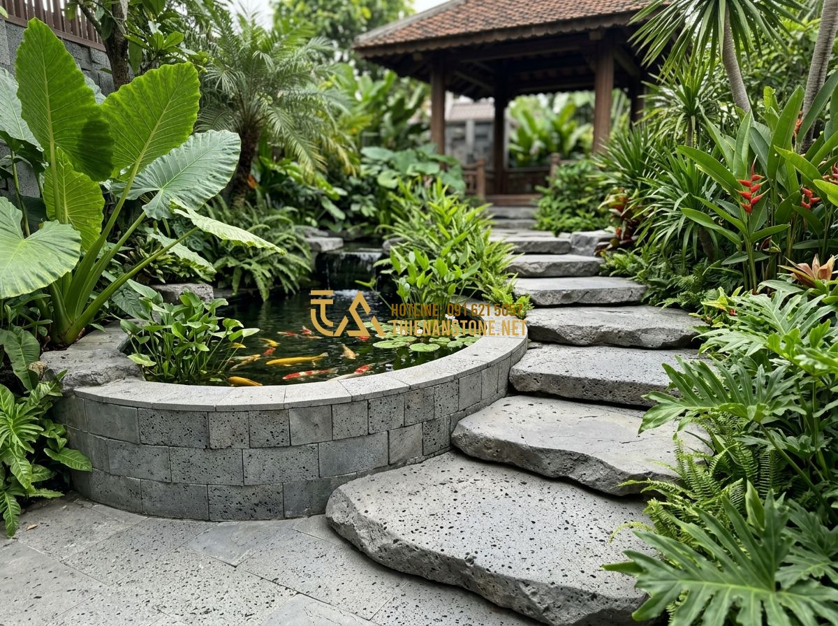 Báo Giá Đá Chẻ Mới Nhất 2026: Giá Đá Chẻ 10x20, 20x20x25, Ốp Tường & Xây Móng Theo M2 Chi Tiết - Hình 7 Báo Giá Đá Chẻ Mới Nhất 2026: Giá Đá Chẻ 10x20, 20x20x25, Ốp Tường & Xây Móng Theo M2 Chi Tiết - Tạo ảnh tiếng Anh: A beautiful garden landscape with a winding pathway made of n