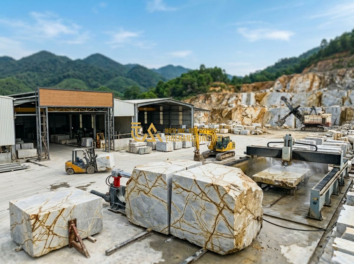 Báo Giá Đá Chẻ Mới Nhất 2026: Giá Đá Chẻ 10x20, 20x20x25, Ốp Tường & Xây Móng Theo M2 Chi Tiết - Hình 9 Báo Giá Đá Chẻ Mới Nhất 2026: Giá Đá Chẻ 10x20, 20x20x25, Ốp Tường & Xây Móng Theo M2 Chi Tiết - Tạo ảnh tiếng Anh: A large-scale stone mining and processing factory in Phu Thọ,