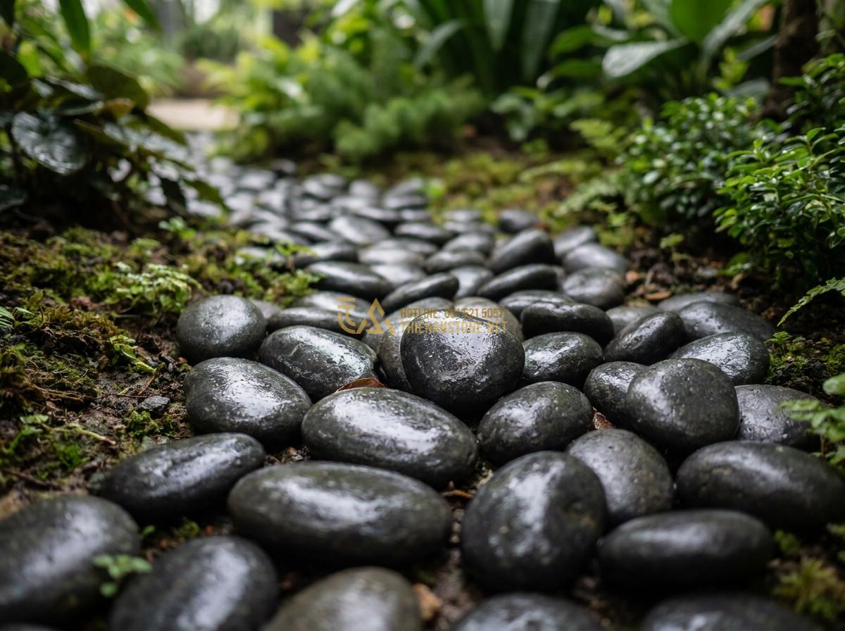 Báo Giá Đá Cuội Đen, Trắng, Vân Mây Trang Trí Tự Nhiên Rẻ Nhất - Close-up of natural black river pebbles with smooth glossy surface after rain, u