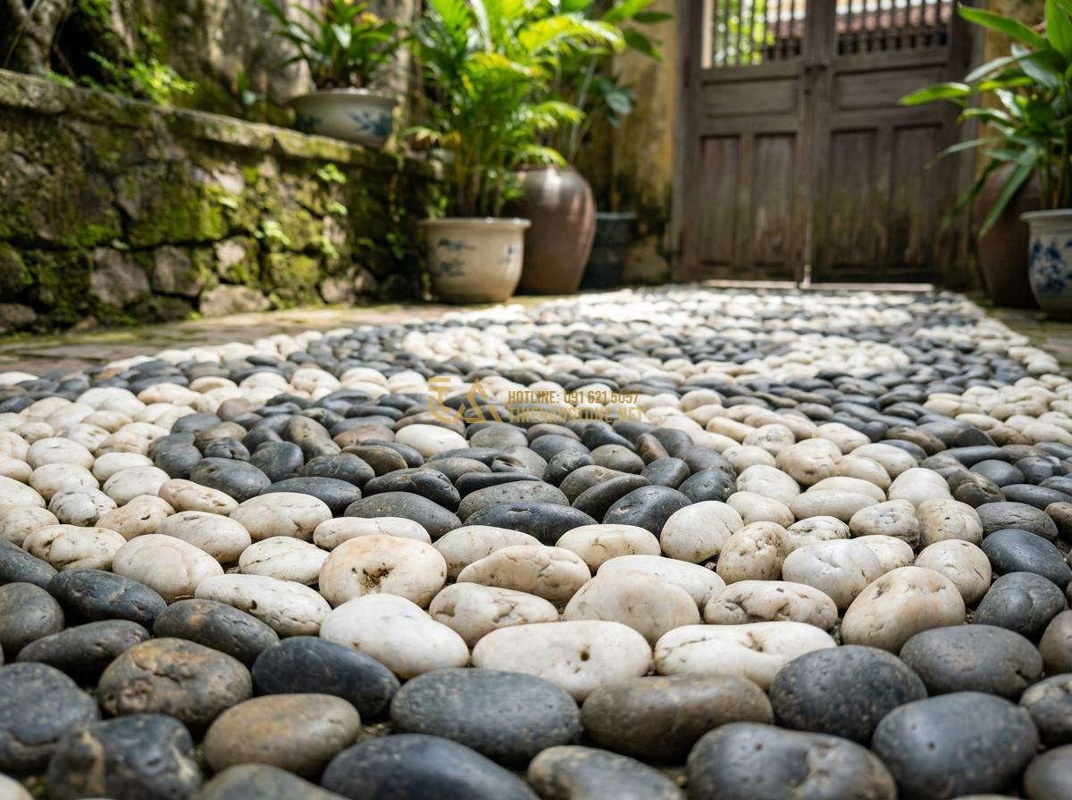 Báo Giá Đá Cuội Đen, Trắng, Vân Mây Trang Trí Tự Nhiên Rẻ Nhất - Mixed white and black pebbles in decorative pattern for cost effective design