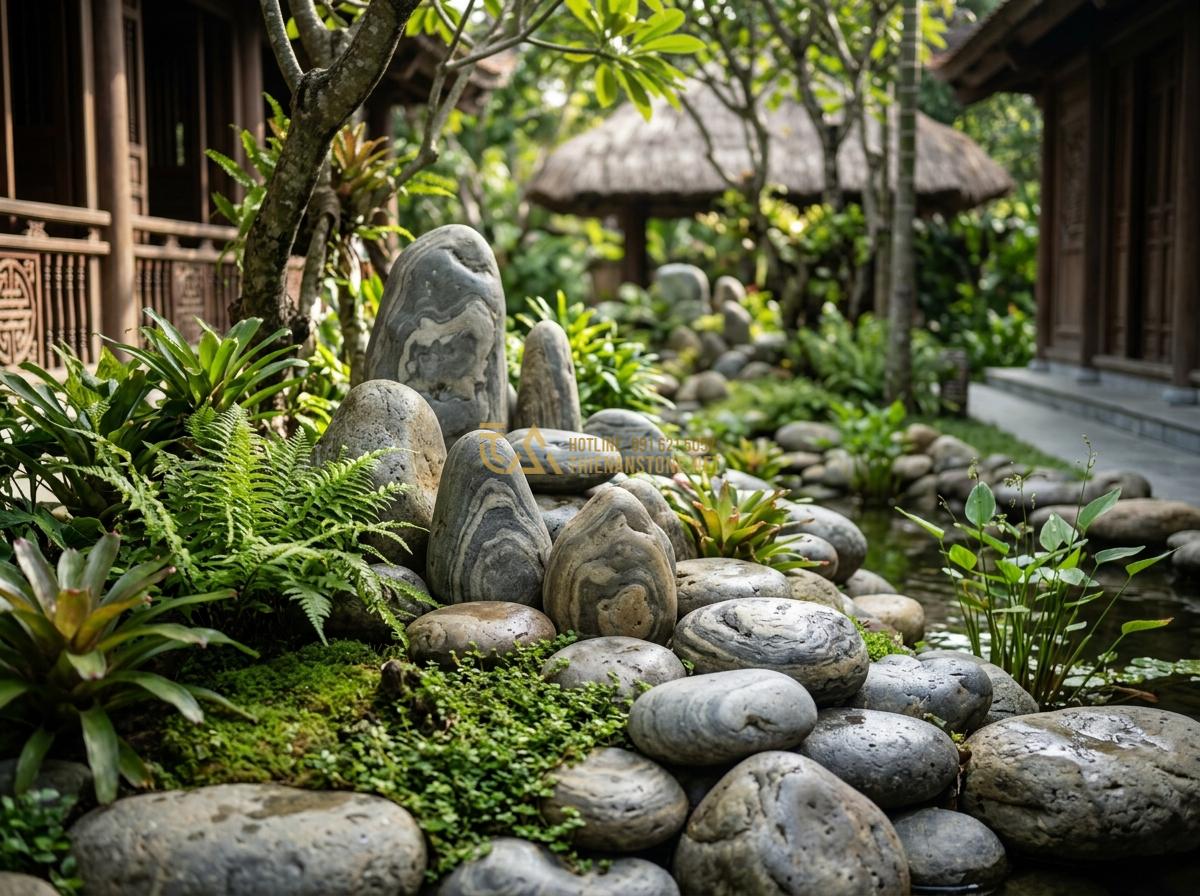 Báo Giá Đá Cuội Đen, Trắng, Vân Mây Trang Trí Tự Nhiên Rẻ Nhất - Cloud patterned pebbles used in high end resort rockery design