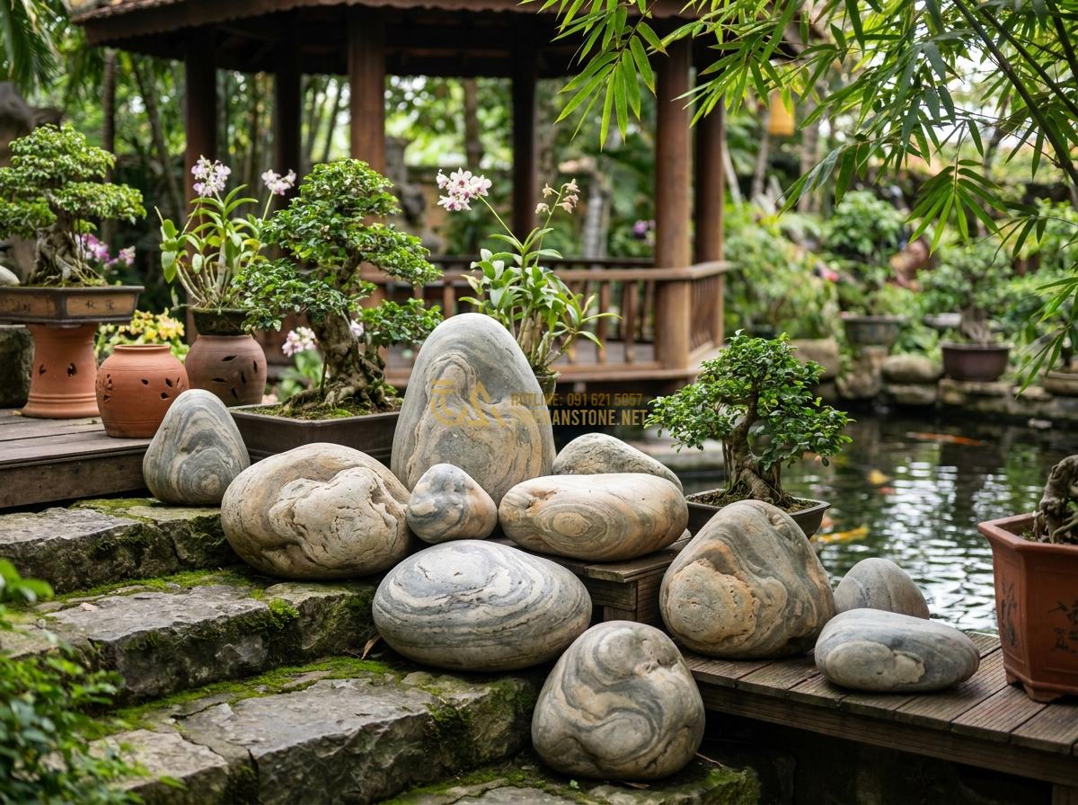 Báo Giá Đá Cuội Đen, Trắng, Vân Mây Trang Trí Tự Nhiên Rẻ Nhất - Artistic arrangement of cloud pattern stones in luxury garden setting