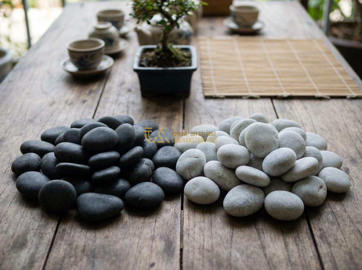 Báo Giá Đá Cuội Đen, Trắng, Vân Mây Trang Trí Tự Nhiên Rẻ Nhất - Side by side comparison of black white and cloud pebbles on table