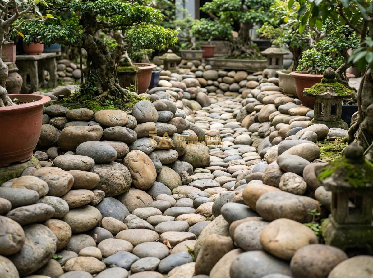 Báo Giá Đá Cuội Đen, Trắng, Vân Mây Trang Trí Tự Nhiên Rẻ Nhất - Mixed types of pebbles in one landscape project showing harmony
