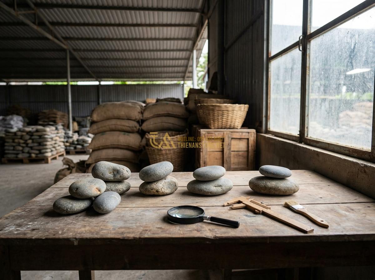 Báo Giá Đá Cuội Đen, Trắng, Vân Mây Trang Trí Tự Nhiên Rẻ Nhất - Quality check process of pebble stones in warehouse by expert