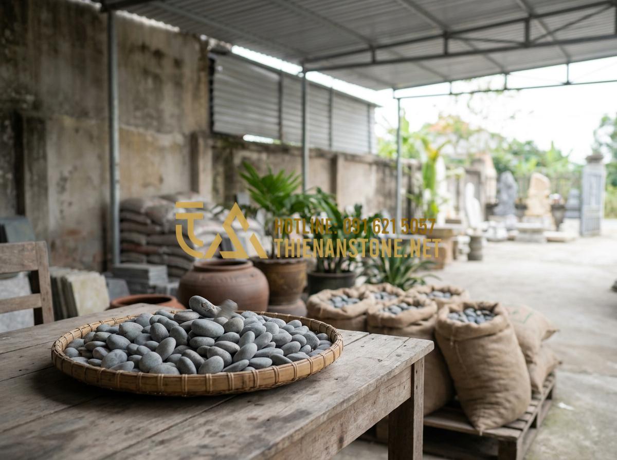 Báo Giá Đá Cuội Đen, Trắng, Vân Mây Trang Trí Tự Nhiên Rẻ Nhất - Customer selecting pebbles at stone supplier showroom