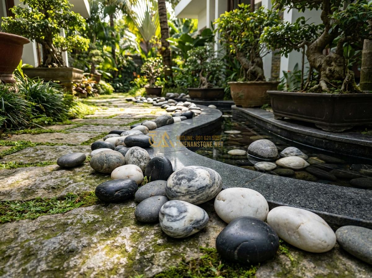 Báo Giá Đá Cuội Đen, Trắng, Vân Mây Trang Trí Tự Nhiên Rẻ Nhất - Variety of natural pebble stones in black, white and cloud patterns arranged for