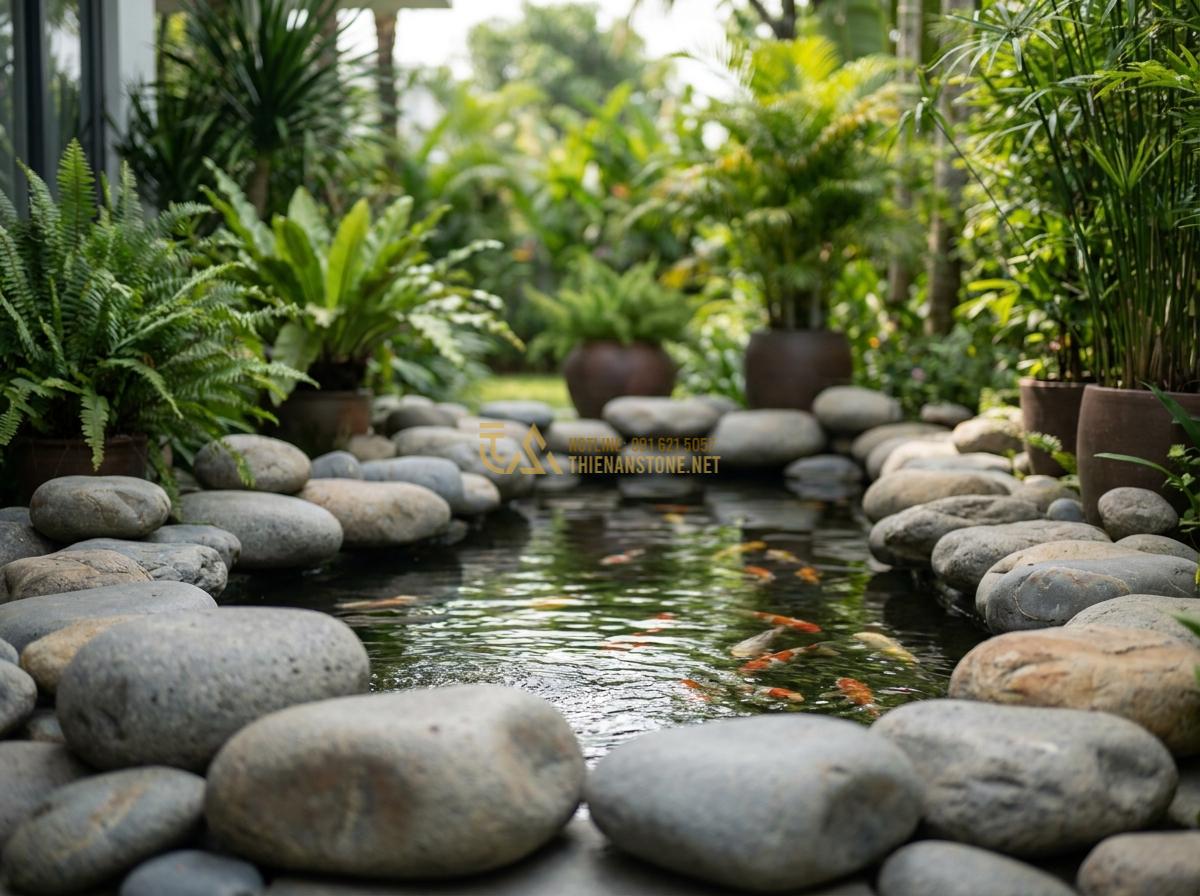Báo Giá Đá Cuội Đen, Trắng, Vân Mây Trang Trí Tự Nhiên Rẻ Nhất - Glossy black pebble stones surrounding a koi pond with green plants in backgroun