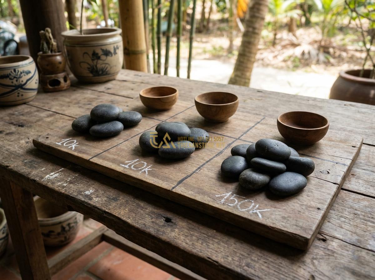 Báo Giá Đá Cuội Đen, Trắng, Vân Mây Trang Trí Tự Nhiên Rẻ Nhất - Price comparison chart of black pebbles with different sizes displayed on wooden