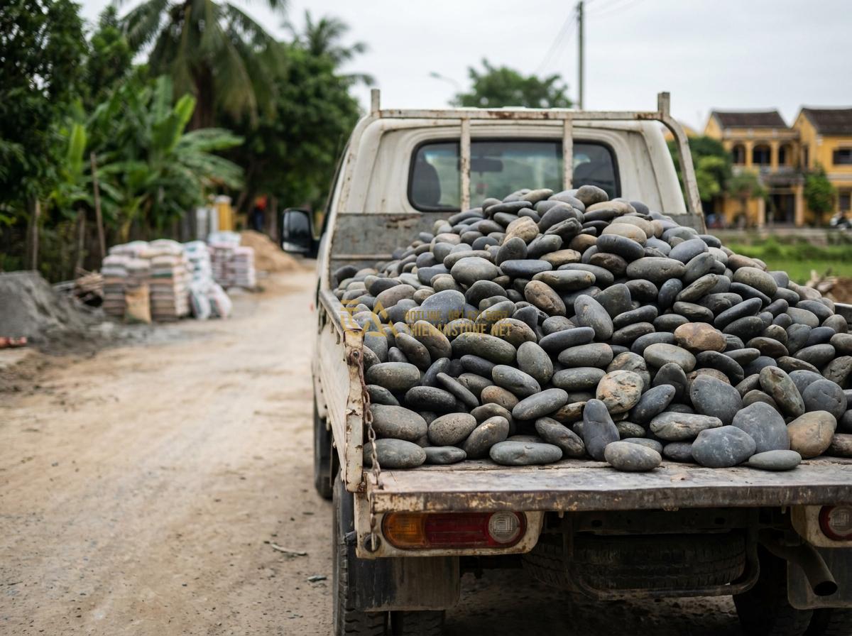 Báo Giá Đá Cuội Đen, Trắng, Vân Mây Trang Trí Tự Nhiên Rẻ Nhất - Bulk black pebble stones loaded on truck for delivery to construction site