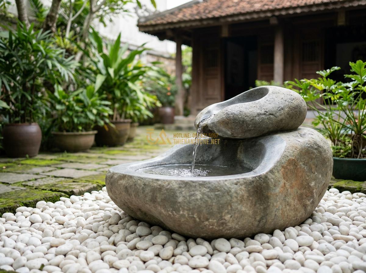 Báo Giá Đá Cuội Đen, Trắng, Vân Mây Trang Trí Tự Nhiên Rẻ Nhất - White smooth pebble stones around a modern minimalist fountain with water featur
