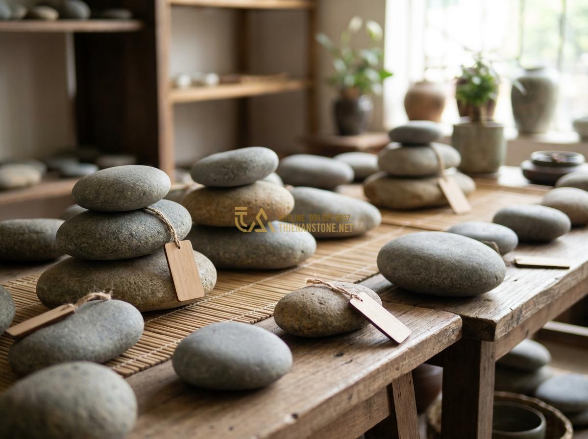 Báo Giá Đá Cuội Đen, Trắng, Vân Mây Trang Trí Tự Nhiên Rẻ Nhất - White pebble stones price tags and samples in showroom display