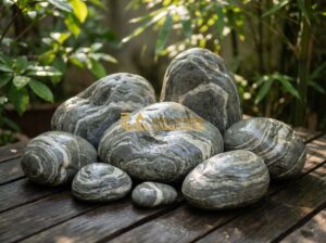 Báo Giá Đá Cuội Vân Mây Mới Nhất 2024: Từ 5cm Đến 20cm Chỉ Từ 15k/kg - Tạo ảnh tiếng Anh: A high-quality close-up photography of various sizes of cloud