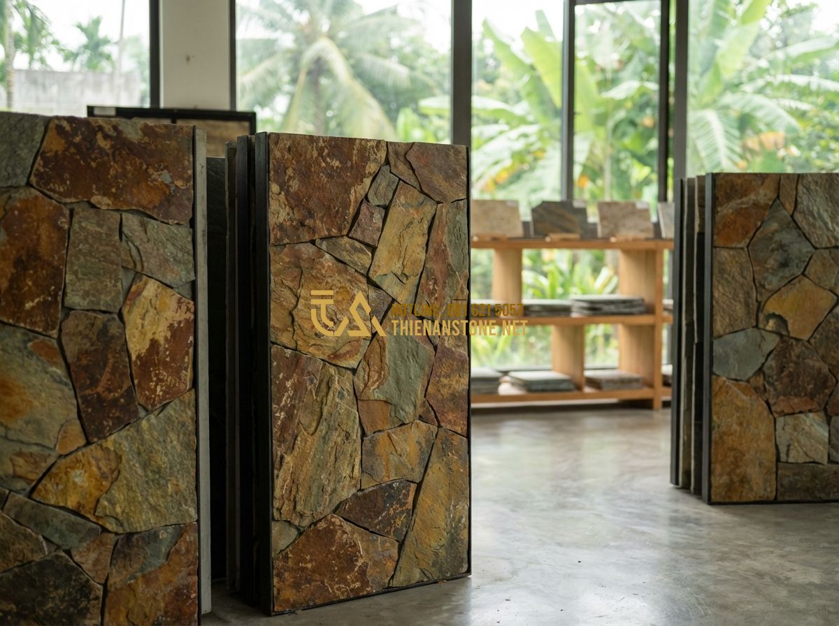 Báo Giá Đá Ghép Ốp Tường Mới Nhất 2026 – Giá Theo M2 Chi Tiết & Bảng Báo Giá Cập Nhật - Hình 4 Báo Giá Đá Ghép Ốp Tường Mới Nhất 2026 – Giá Theo M2 Chi Tiết & Bảng Báo Giá Cập Nhật - Tạo ảnh tiếng Anh: A professional showroom display showing different types of st