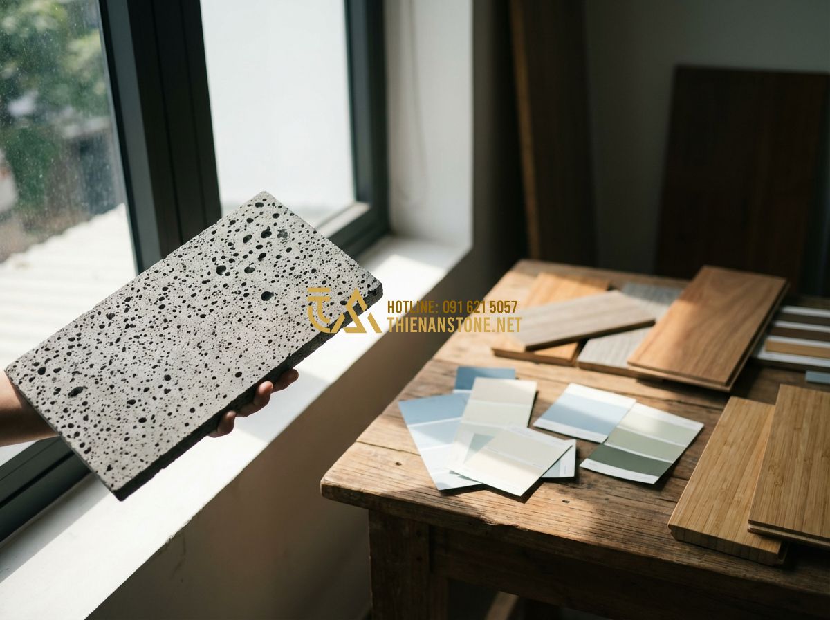 Báo Giá Đá Ghép Ốp Tường Mới Nhất 2026 – Giá Theo M2 Chi Tiết & Bảng Báo Giá Cập Nhật - Hình 6 Báo Giá Đá Ghép Ốp Tường Mới Nhất 2026 – Giá Theo M2 Chi Tiết & Bảng Báo Giá Cập Nhật - Tạo ảnh tiếng Anh: An interior designer holding a stone cladding sample next to