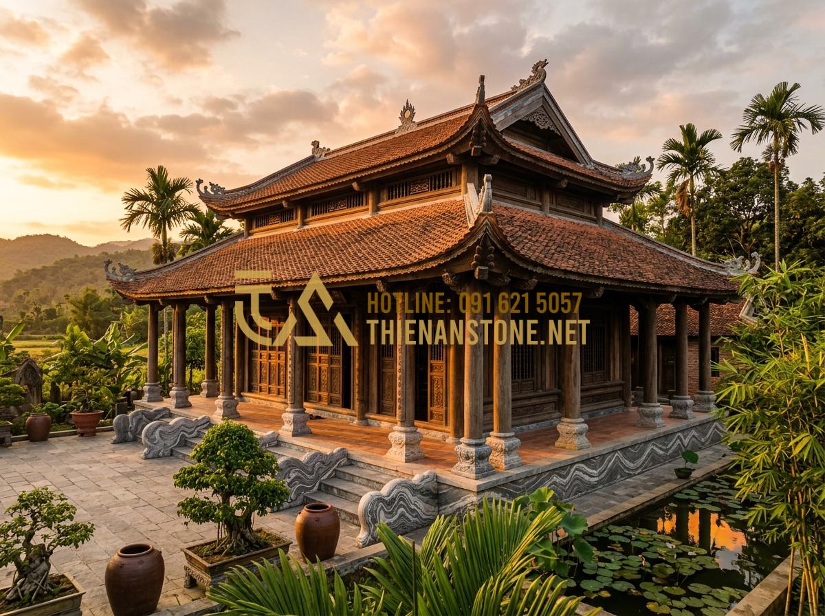 Báo giá đá kê chân cột nhà gỗ 2026: Giá tại xưởng sản xuất mới nhất - Hình 9 Báo giá đá kê chân cột nhà gỗ 2026: Giá tại xưởng sản xuất mới nhất - Tạo ảnh tiếng Anh: A high-quality wide-angle shot of a completed 5-bay tradition