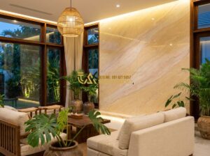 Báo Giá Đá Ốp Tường Mới Nhất 2026 – Giá Đá Ốp Tường Theo M2 & Kích Thước Chi Tiết - Tạo ảnh tiếng Anh: [A professional high-resolution photo of a modern villa inter
