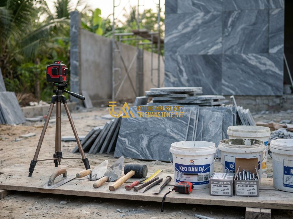 Báo Giá Đá Ốp Tường Mới Nhất 2026 – Giá Đá Ốp Tường Theo M2 & Kích Thước Chi Tiết - Hình 5 Báo Giá Đá Ốp Tường Mới Nhất 2026 – Giá Đá Ốp Tường Theo M2 & Kích Thước Chi Tiết - Tạo ảnh tiếng Anh: [Professional masonry tools, laser level, high-quality stone