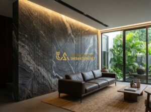 Báo Giá Đá Răng Lược Ốp Tường Mới Nhất 2026 – Giá Đá Răng Lược Đen Theo M2 Chi Tiết - Tạo ảnh tiếng Anh: A high-end architectural interior featuring a tall feature wa
