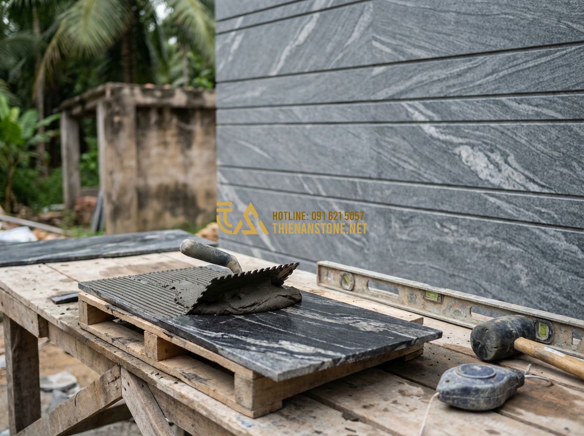 Báo Giá Đá Răng Lược Ốp Tường Mới Nhất 2026 – Giá Đá Răng Lược Đen Theo M2 Chi Tiết - Hình 4 Báo Giá Đá Răng Lược Ốp Tường Mới Nhất 2026 – Giá Đá Răng Lược Đen Theo M2 Chi Tiết - Tạo ảnh tiếng Anh: A skilled mason in work clothes is carefully applying special
