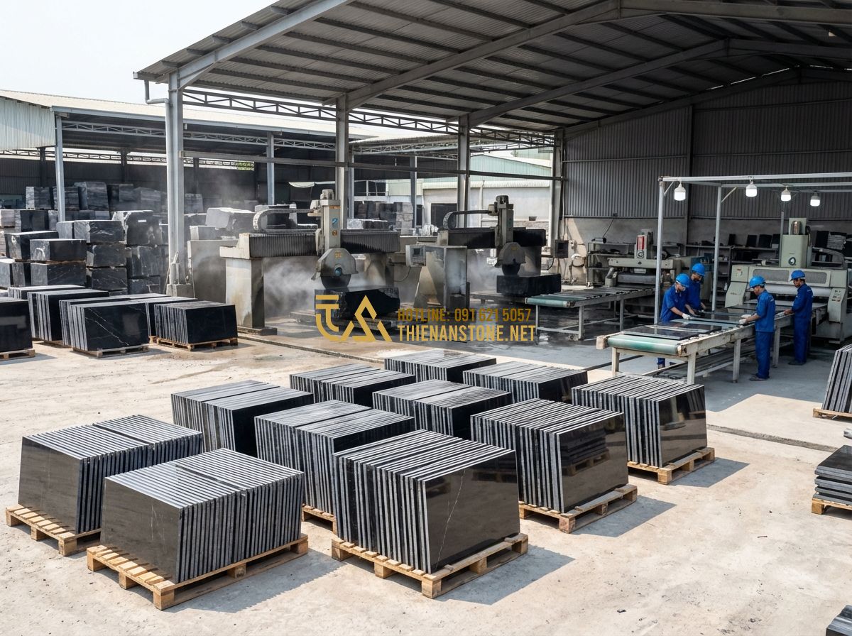 Báo Giá Đá Răng Lược Ốp Tường Mới Nhất 2026 – Giá Đá Răng Lược Đen Theo M2 Chi Tiết - Hình 5 Báo Giá Đá Răng Lược Ốp Tường Mới Nhất 2026 – Giá Đá Răng Lược Đen Theo M2 Chi Tiết - Tạo ảnh tiếng Anh: A panoramic view of a large, professional stone workshop name