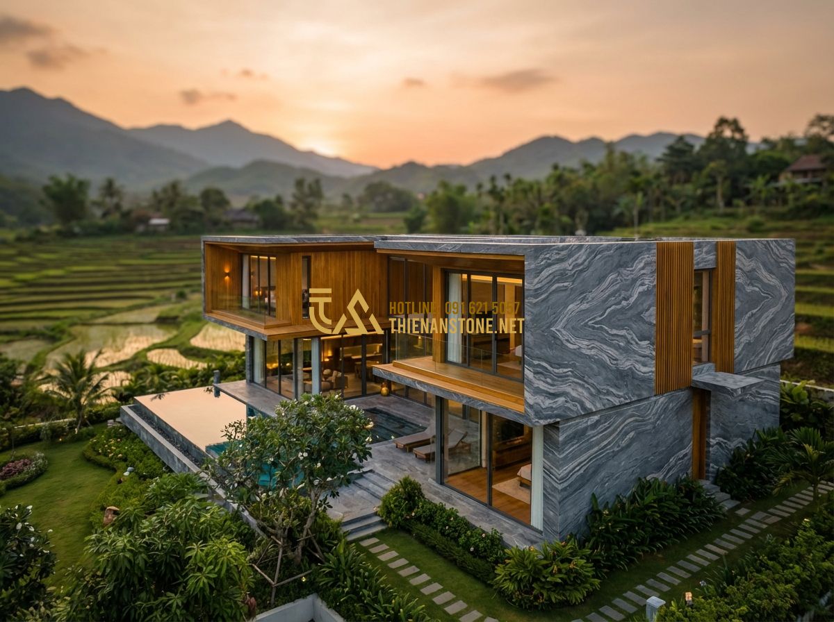 Báo Giá Đá Răng Lược Ốp Tường Mới Nhất 2026 – Giá Đá Răng Lược Đen Theo M2 Chi Tiết - Hình 7 Báo Giá Đá Răng Lược Ốp Tường Mới Nhất 2026 – Giá Đá Răng Lược Đen Theo M2 Chi Tiết - Tạo ảnh tiếng Anh: A beautiful final shot of a luxury villa at sunset. The exter