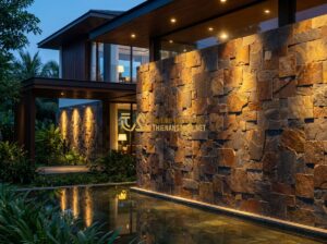Báo Giá Đá Rối Ốp Tường & Lát Sân Vườn Mới Nhất 2026 – Giá Theo M2 Chi Tiết - Tạo ảnh tiếng Anh: A high-end architectural villa featuring a stunning natural r