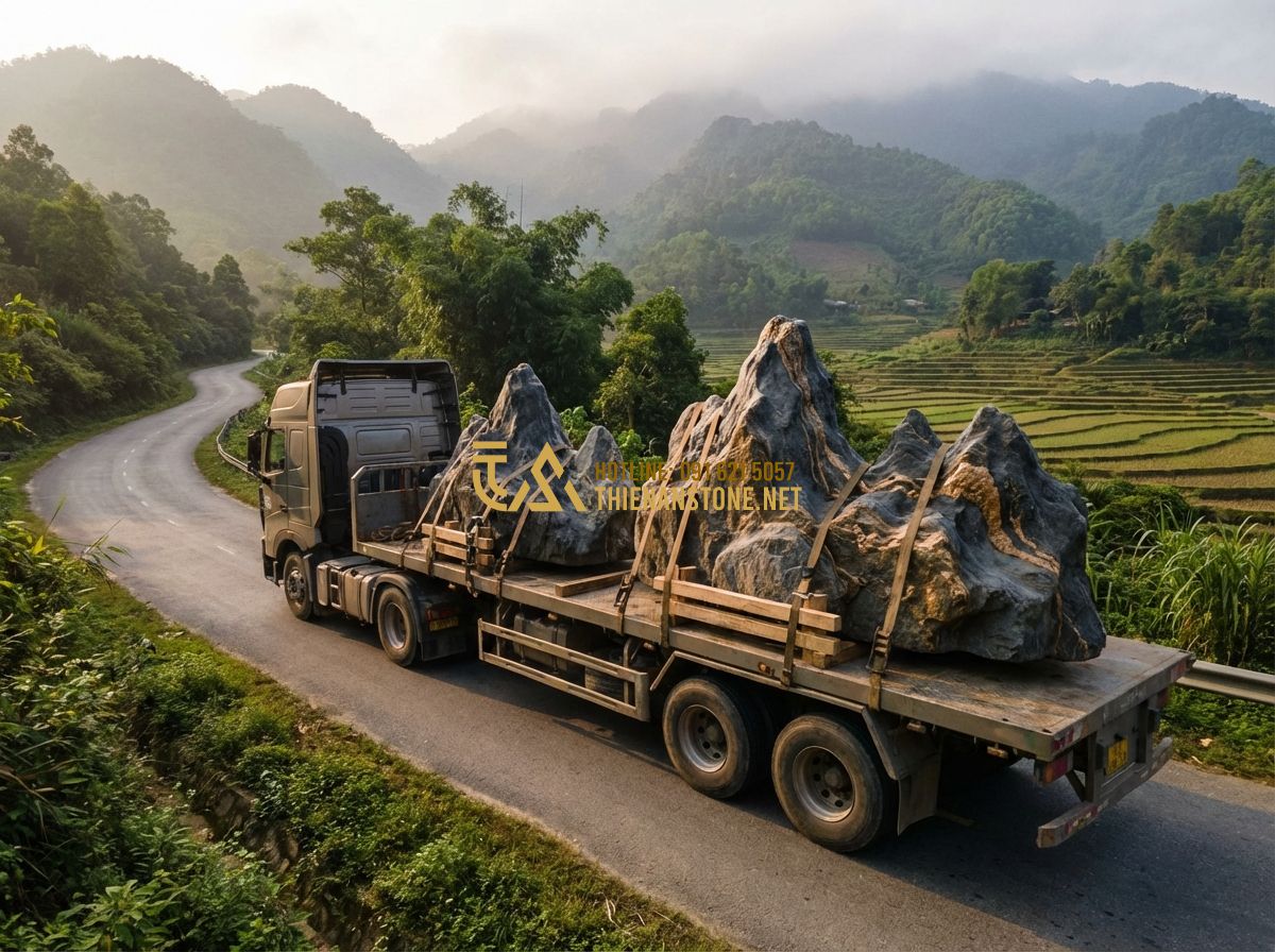 Báo Giá Đá Vân Thạch Mới Nhất 2024: Bảng Giá Chi Tiết Từng Loại Và Nơi Mua Uy Tín - Hình 3 Báo Giá Đá Vân Thạch Mới Nhất 2024: Bảng Giá Chi Tiết Từng Loại Và Nơi Mua Uy Tín - Tạo ảnh tiếng Anh: A large flatbed truck transporting massive, carefully secured