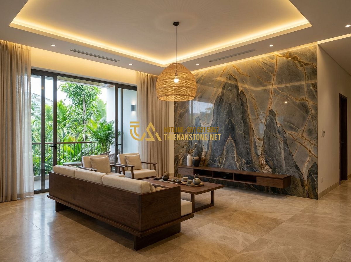 Báo Giá Đá Vân Thạch Mới Nhất 2024: Bảng Giá Chi Tiết Từng Loại Và Nơi Mua Uy Tín - Hình 5 Báo Giá Đá Vân Thạch Mới Nhất 2024: Bảng Giá Chi Tiết Từng Loại Và Nơi Mua Uy Tín - Tạo ảnh tiếng Anh: A modern interior design featuring a large, polished Van Thac